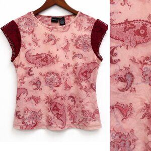 Vintage Y2K Floral Paisley Lace Sleeve Baby Tee Shirt Top Xhileration Fairy Cute